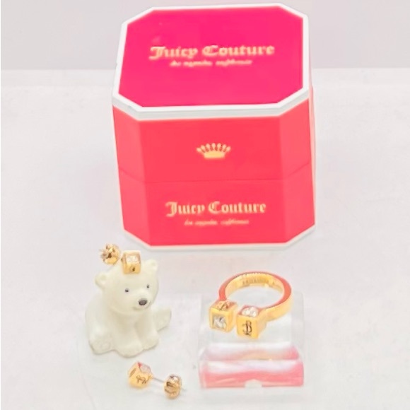 NWT Juicy Couture Gold Tone Cube Ring Size 7 & Earring Studs Set of 2 - Picture 13 of 13